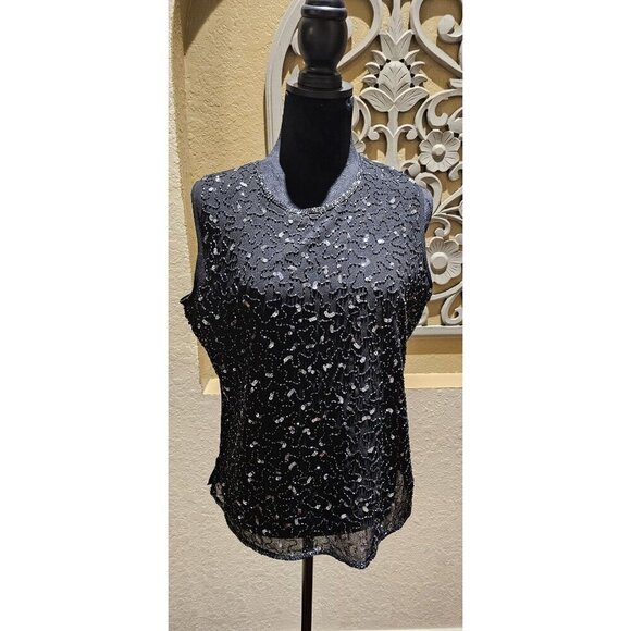Notations Black Sleeveless Glass Beaded Sequin Sleeveless Cocktail Blouse L - Picture 1 of 6